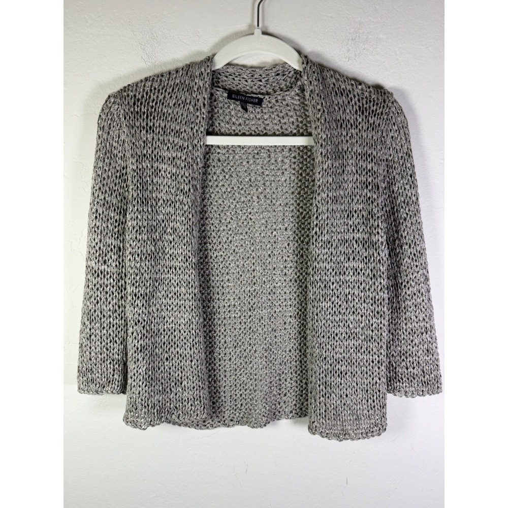 Eileen Fisher Grey Open Stitch Tape Yarn Cardigan Italian Yarn XS Womens